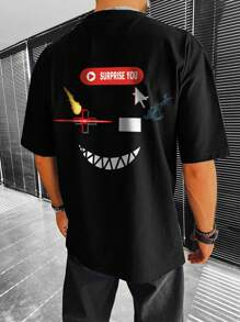 Manfinity Men's Casual Emoji & Letter Print Short Sleeve T-shirt - Black - View 1