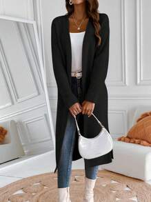 SHEIN Essnce 女士下垂肩純色針織開衫 - 黑色 - 查看 5