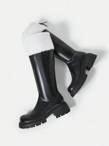 Two Tone Knee High Chunky Heeled Boots