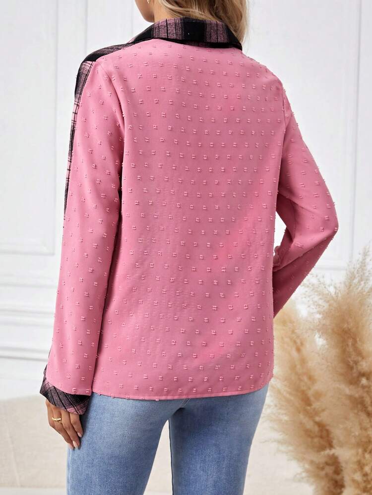 Plaid Panel Long Sleeve Shirt Fall Cloth For Women