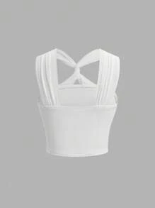 SHEIN MOD 白色扭結花結交叉前短上衣,帶有荷葉邊飾 - 白色 - 查看 2