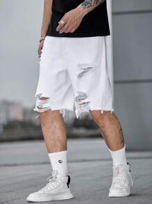 Manfinity EMRG Hombres Shorts mezclilla bermuda algodón desgarro bajo crudo - Blanco - Ver 3