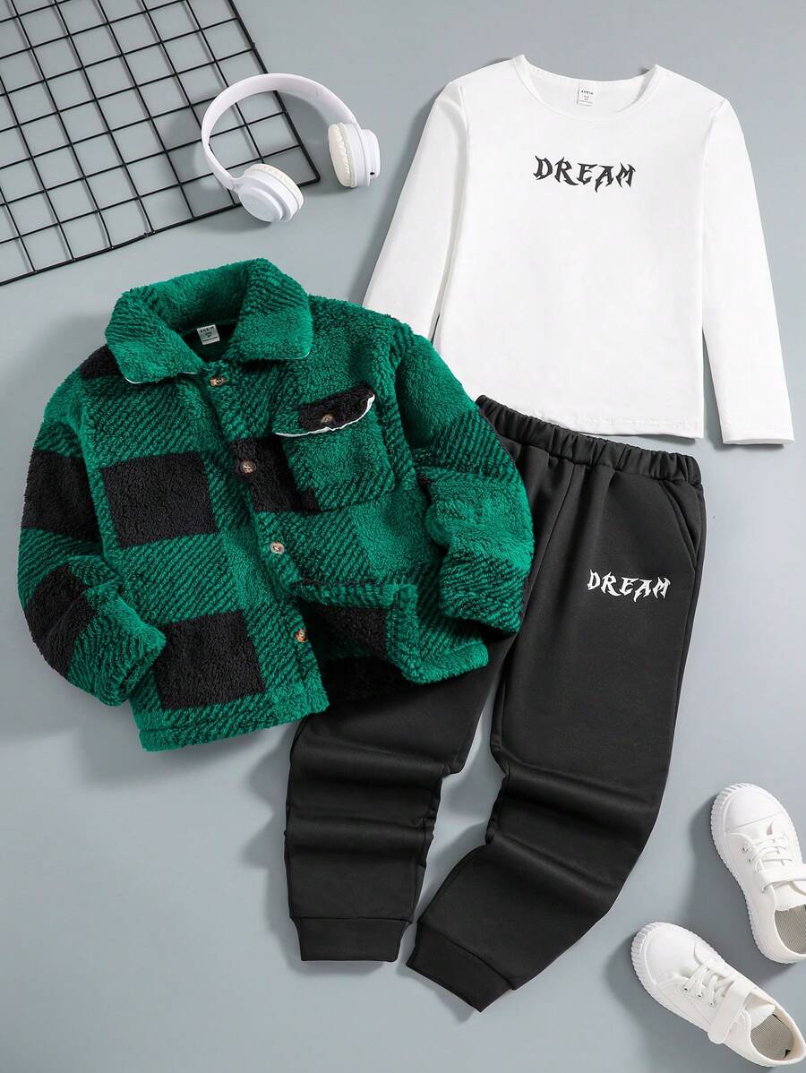 SHEIN 青少年男孩格紋抓毛夾克配字母印花t卹和長褲套裝 - 軍綠色 - 查看 1
