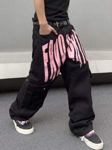 Manfinity Roghcode Men's Letter Graphic Wide Leg Cargo Jeans - Black - View 4