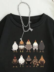 SHEIN EZwear Women's Chicken Print Drop Shoulder Sweatshirt - Black - View 6