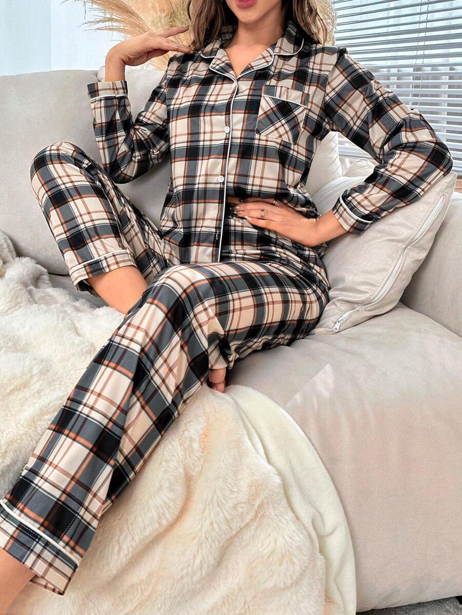 Plaid Print Contrast Piping PJ Set / Pajama Set, Fall Winter Clothes Cozy And Elegant Details - Multicolor - View 1