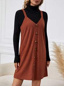 SHEIN LUNE Vestido De Tirantes De Espagueti De Color Sólido Con Botones Pero Sin La Parte Superior - Marrón - Ver 4