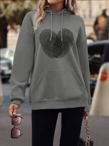 SHEIN LUNE Của phụ nữ Hình trái tim In Thả vai Hoodie Áo nỉ - Xám - Xem 5