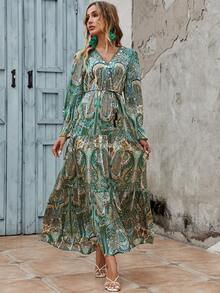 Women'S V-Neck Floral Print Coin Tassel Sling Rope Belt Trumpet Sleeve Long Dress - Green - View 4