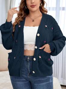 SHEIN LUNE 大码女式刺绣针织开衫 - 藏蓝色 - 查看 1