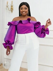 Tops Con Volantes Y Hombros Descubiertos Para Mujer De Talla Grande - Morado - Ver 3