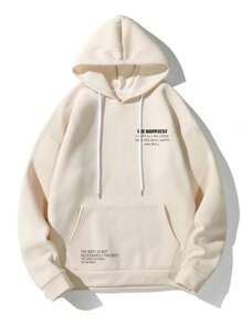 Manfinity Homme Nam Kích thước lớn Slogan In Dây rút áo có mũ Lông cừu Áo nỉ - Màu Khaki - Xem 8