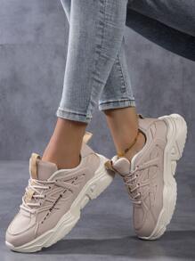 女性運動休閒厚底前扣運動鞋,彩塊圖形綁帶輕便透氣戶外運動休閒鞋 - 卡其色 - 查看 3