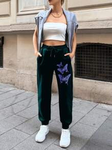 EURMUSE Butterfly Print Drawstring Waist Slant Pocket Sweatpants - Dark Green - View 4