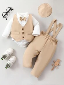 Souflis Souflis 4pcs/Set Toddler Boys Gentleman Style Bow Tie Shirt, Suspender, Khaki Pants, Autumn/Winter
