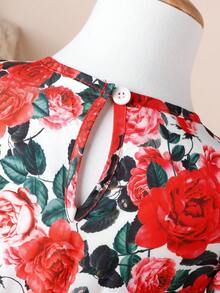 嬰兒女童玫瑰印花蓬蓬袖裙子,配有蝴蝶結裝飾 - 紅色 - 查看 4