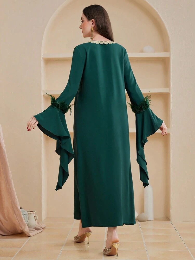 Embroidered Patchwork Fuzzy Decorated Flared Sleeve Dress