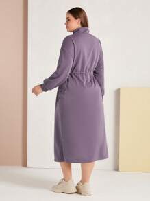 Mulvari 大尺寸長袖抽繩腰部拉鍊半門襟連身裙 - 紫色 - 查看 3