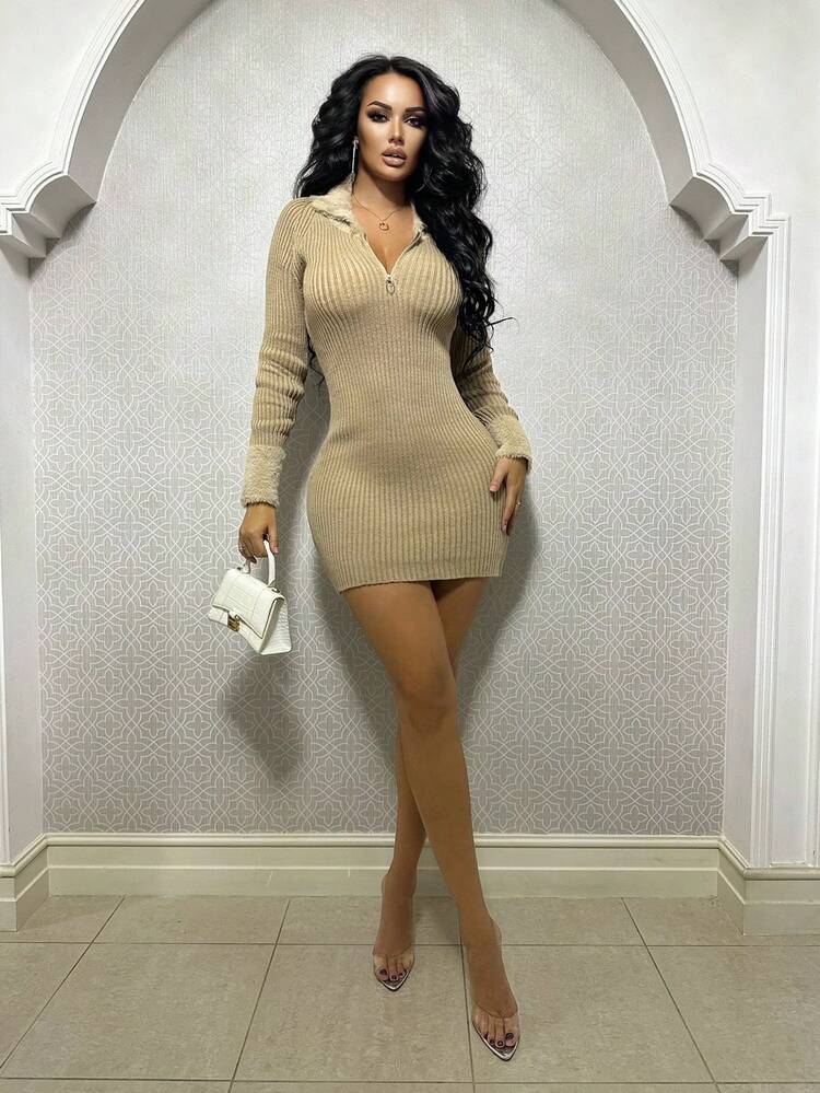 Fuzzy Turn-Down Collar And Cuff Zipper Half Buttoned Sweater Dress