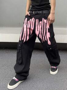 Manfinity Roghcode Men's Letter Graphic Wide Leg Cargo Jeans - Black - View 9