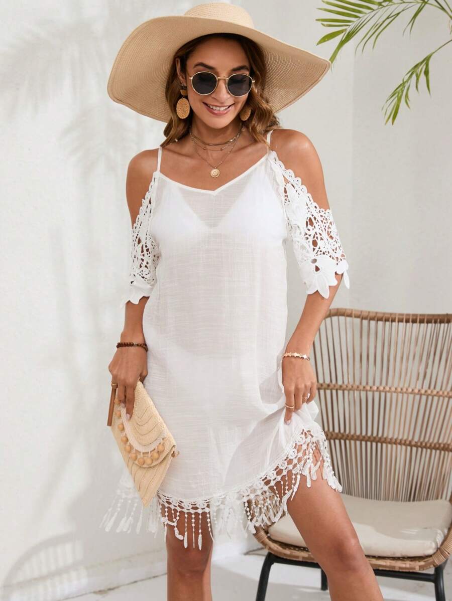 Swim Vcay Quý cô Ren Off Shoulder Cover Ups & Áo đầm - trắng - Xem 1