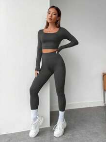SHEIN LUNE Ladies' Solid Color Crop Tee With Large Round Neck & Leggings Two Piece Set - Dark Grey - View 3