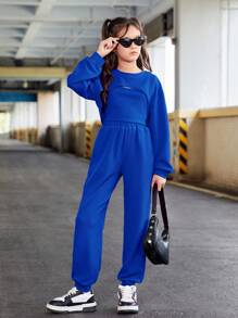 SHEIN Leap Crew Cô gái Tween Giải trí Đường phố Đan Áo chui đầu Hoodie Với Áo ba lỗ Và Rộng chân Quần - Xanh đậm - Xem 4