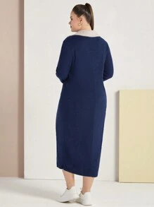 Mulvari Plus Size Contrast Neckline Dress - Navy Blue - View 3