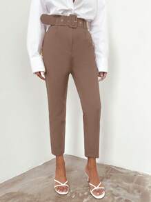 SHEIN Cottnline Solid Color Belted Dress Pants - Camel - View 3