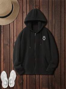 SHEIN EZwear Cartoon Pattern Zipper Hooded Casual Sweatshirt - Black - View 1