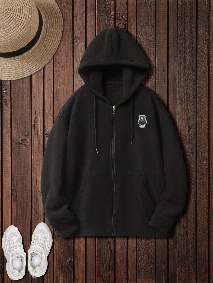 SHEIN EZwear Cartoon Pattern Zipper Hooded Casual Sweatshirt - Black - View 1