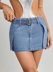 SHEIN ICON Falda De Mezclilla Lavada - Azul lavado medio - Ver 1
