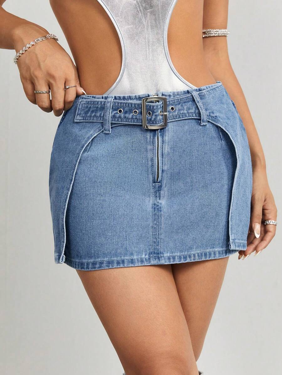 SHEIN ICON Falda De Mezclilla Lavada - Azul lavado medio - Ver 1