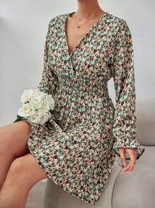 EURMUSE Women's Floral Print Surplice Neckline Ruffle Sleeve Dress - Multicolor - View 1