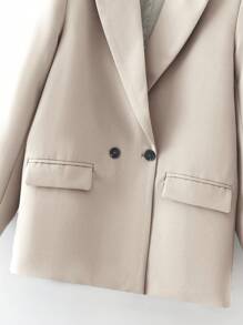 SHEIN Cottnline Plain Color Flap Pocket Women's Suit - Khaki - View 4