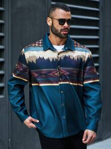 Manfinity Homme Shacket Casual A Maniche Corte Con Stampa Geometrica Taglia Extra Per Uomo