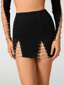 Woman in the Clouds Diamond Chain & Split Hem & Bodycon Skirt - Black - View 5