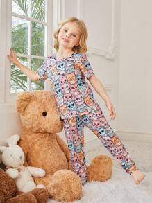 Young Girl Cute Cat Printed Comfortable Pajamas Set - Blue - View 3