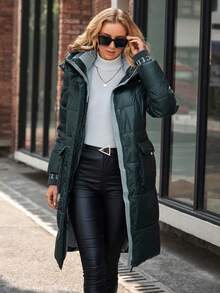 GASMAN Casaco feminino de inverno quente com capuz de algodão acolchoado na altura do joelho