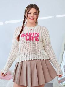 SHEIN EZwear Sweatshirt-pullover In Übergröße Mit Buchstabenmuster, Fallenden Schultern Und Hohlem Design - Beige - Übersicht 7