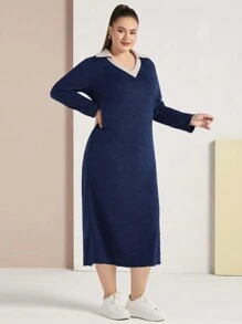 Mulvari Plus Size Contrast Neckline Dress - Navy Blue - View 5