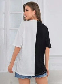 SHEIN Unity Color Block Sun & Moon Graphic Drop Shoulder Tee - Black and White - View 2