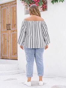 大尺碼女露肩條紋前繫帶襯衫 - 白色 - 查看 2