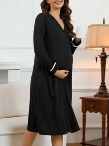 SHEIN 孕婦純色釦前長袖家居服 - 黑色 - 查看 4