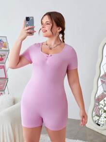 SHEIN EZwear Kích thước lớn Của phụ nữ Thon gọn Romper Với Nhỏ bé Nơ - Hồng - Xem 1