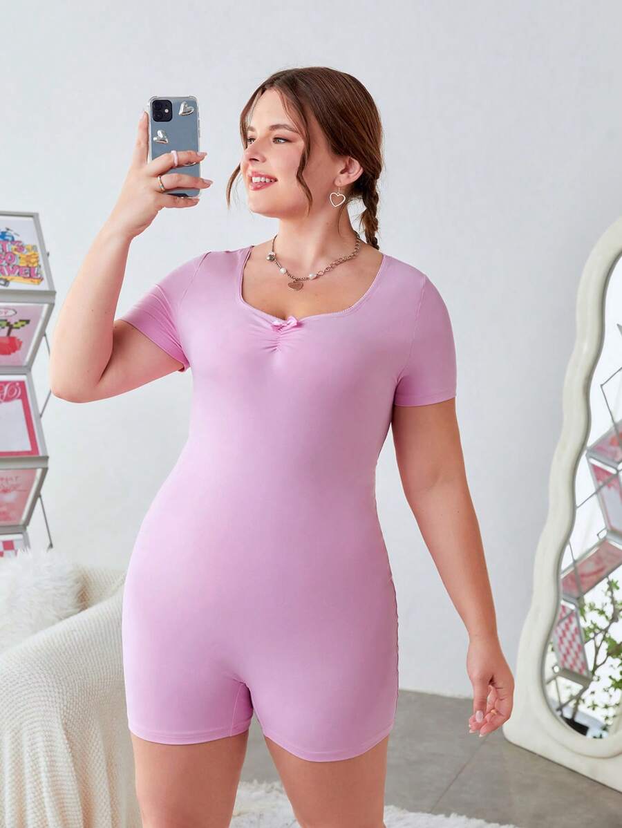 SHEIN EZwear Kích thước lớn Của phụ nữ Thon gọn Romper Với Nhỏ bé Nơ - Hồng - Xem 1
