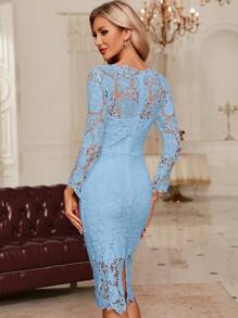 SHEIN Clasi Mujeres Vestido De Encaje De Color Sólido - Neblina azul - Ver 2