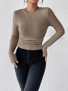 SHEIN Frenchy 純色長袖t恤 - 棕色 - 查看 6