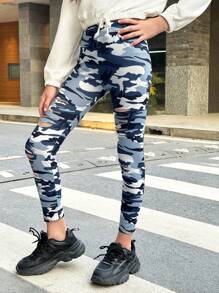SHEIN Girls' Camouflage Hollow Out Leggings - Dusty Blue - View 1