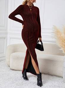 SHEIN Maternity Long Sleeve Side Split Dress - Burgundy - View 5